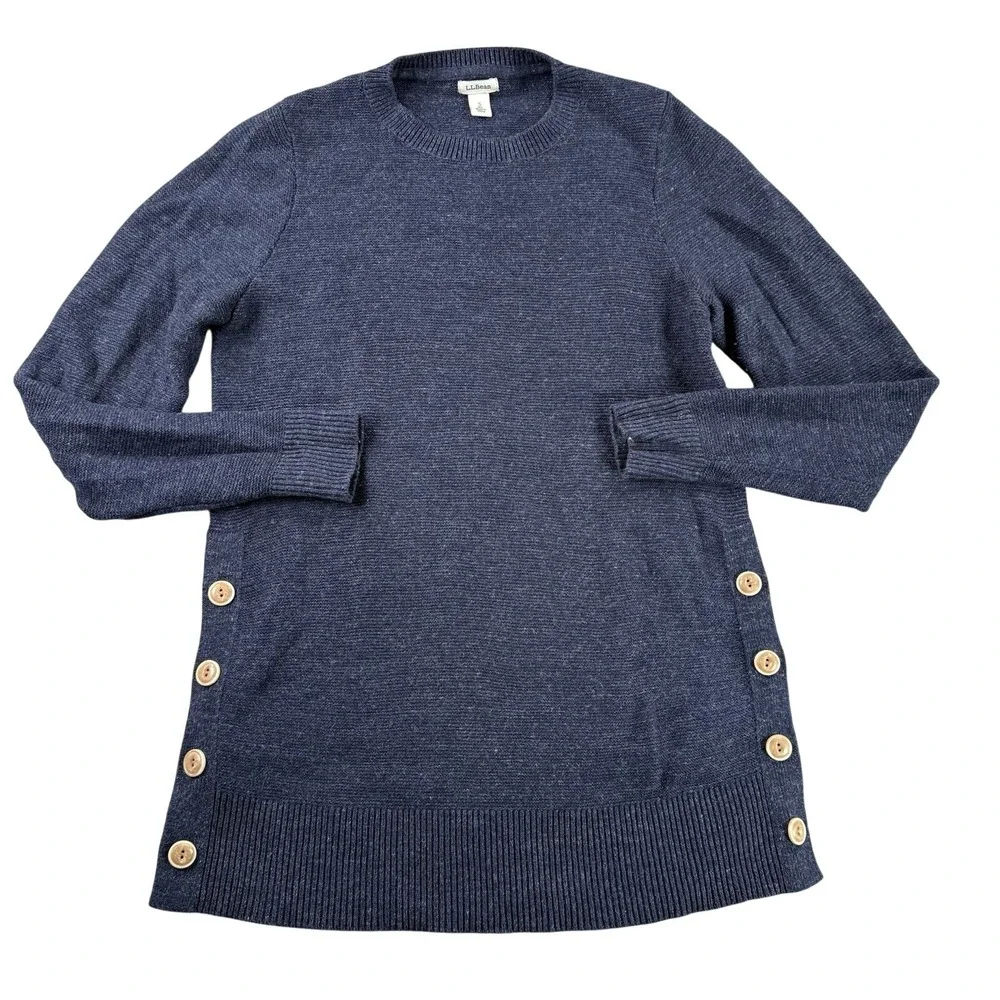 LL Bean Sweater Womens S Blue Tunic Pullover Button Sides Cotton Casual Outdoors